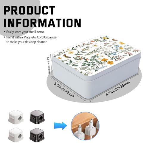 Image of Metal Tin Box with Lid for Game Cards Home Organizer Candles Keys Crafts Storage - Equipped with 4 Magnetic Cord Clips，Flowers and Butterflies