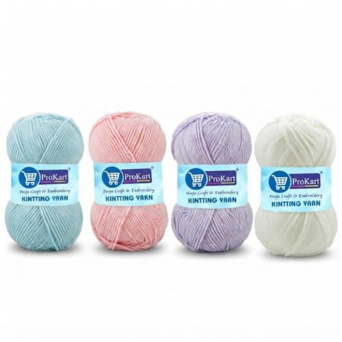 Image of ProKart - 4 Ply Plush & Cuddly for Knitting & Crochet | Pastel Yarn for Baby Toys & DIY Crafts | 100g, Pack of 4 (Baby Blue, Baby Pink, Lavender, White)