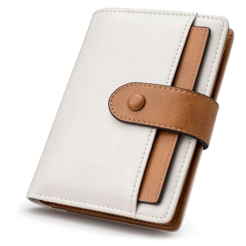 Alldaily Small RFID Blocking Leather Wallet for Women, Bifold with 10 Card Slots and Zipper Pocket (White&Brown)