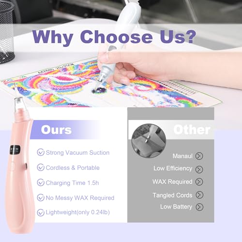 Image of Cordless Electric Diamond Painting Pen Vacuum Diamond Art Pens | Adjustable Suction Levels No Wax Needed Diamond Painting Accessories Pen for DIY Art Beginners (Pink)
