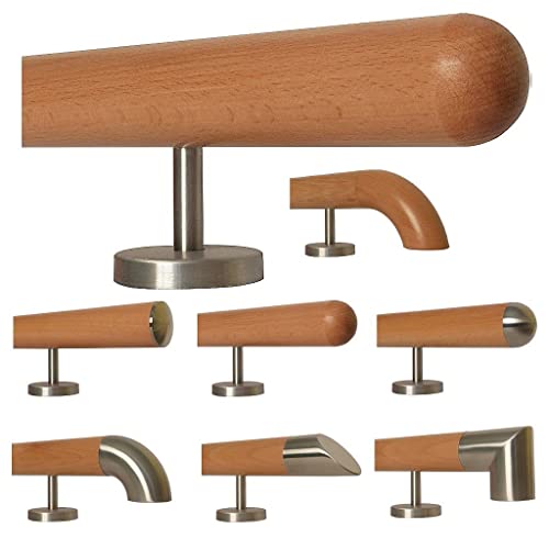TIBU Buche Holz Handlauf für Treppe Geländer gerade Edelstahlhalter, Länge 30-500 cm aus einem Stück/zum Beispiel Länge 30 cm mit 2 gerade Halter und Enden Halbkugel gefräst