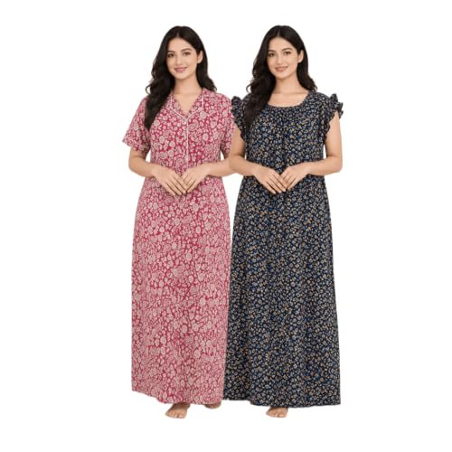 Image of Bahumaan Nighty for Women Cotton Combo Pack of 2 | Free Size Gown for Women Cotton with Side Pocket | Nighties for Women Pure Cotton Combo Stylish | Maxi Sleepwear