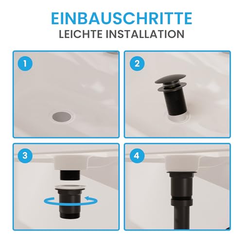 Bächlein Universal Ablaufgarnitur ohne Überlauf (Matt Schwarz) - Pop Up Ventil für Waschbecken und Waschtisch – Ablaufventil Abflussgarnitur aus Messing mit Einbauanleitung