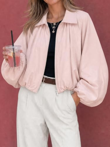 Tankaneo Womens Cropped Jackets Bomber Coat Fall Casual Zip Up Outerwear | Pleated Puff Long Sleeve Lightweight - image 3