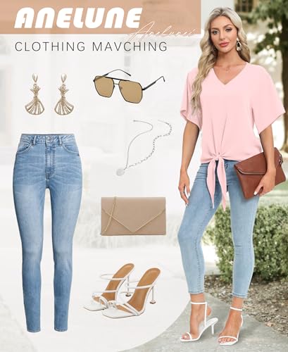 Anelune Ladies'Chiffon Blouses with V-Neck and Front tie Batwing Sleeves Short Sleeves Summer Tops and Shirts Pink - Image 6