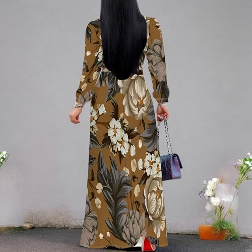 Image of Women Plus Size Long Sleeve V Neck Maxi Dress with Belt | Soft fabric relaxed fit three quarter sleeve v neck with pockets for party and daily wear