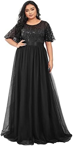 Ever-Pretty Women's Short Sleeve Embroidered Maxi Dress Plus Size Evening Dress with Sleeves Black US20
