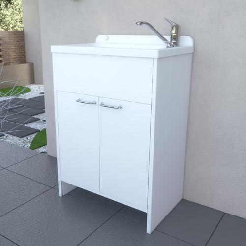 Inbagno Mobile Lavatoio Salvaspazio 58 Cm In PVC Bianco Con Vasca E Piletta In Acciaio Inox – Mobile Lavanderia Slim A Due Ante Con Piedini Regolabili E Maniglie Cromo – Kit Di Montaggio Incluso