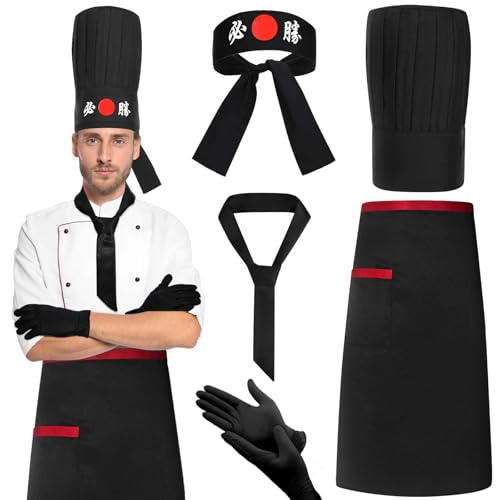 JcHrmers 5 Pcs Hibachi Chef Costume Accessories Japanese Teppanyaki Tall Cap Hachimaki Headband Tie Apron Nitrile Gloves Black