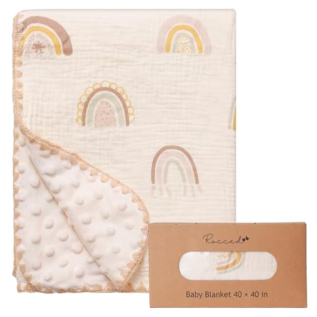 Baby Blanket with Dotted Double Layers Muslin Soft Swaddle Blanket Cotton Neutral Receiving Blankets for Toddler Baby Quilt Throw Blanket Bed Throw Blanket for Newborn Unisex 40x40 Inch-Rainbow