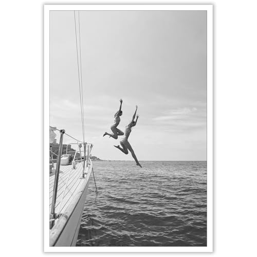 ZHIXQMG 80s Retro Trendy Black And White Poster Black And White Beach Canvas Wall Art Summer Ocean Jump Sail Boat Yacht Prints Painting For Girl Room Beach Lovers Life Wall Decor 12x16in Unframed