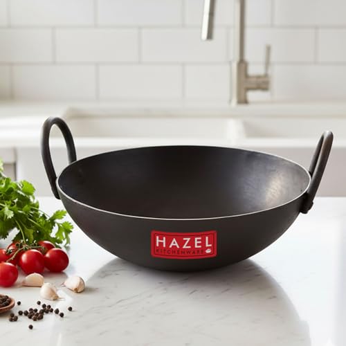 Image of HAZEL Iron Kadhai with Black Handle | 26cm, 2.3L | Lohe ki Kadhai | Traditional Healthy Cooking Utensils | Heavy Base Iron Wok