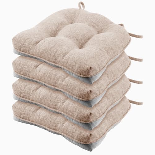 Wellsin Chair Cushions for Dining Chairs, Non-Slip Kitchen Chair Pads with Ties, Tufted Shredded Foam Kitchen Chair Cushions Set of 4, 15.5" X 15.5", Oatmeal Beige