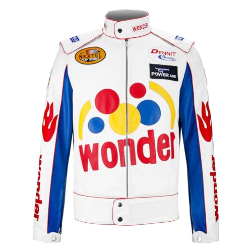 Adult Men Race Car Driver Racing Leather Jacket Wonder Halloween Costume Bomber Leather Jacket (White, Medium)