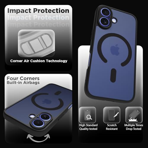 Image of RIGGEAR Shockproof Sleek Hybrid Armor Upgraded C-Shaped Magnetic Back Cover Case Compatible with MagSafe Accessories for iPhone 16 (Smoke Black Matte PC + Black TPU Bumper)