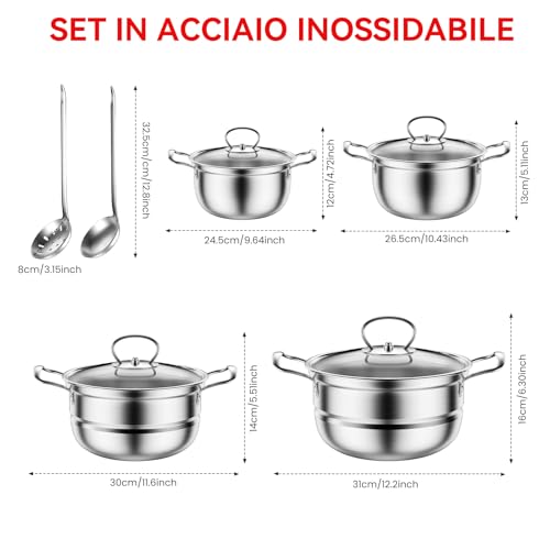 Set di pentole in acciaio inox, set di pentole da 12 pezzi con vaporiera e cucchiaio, set di pentole per cottura a induzione di grandi dimensioni, adatto a tutti i tipi di fornelli (Grigio chiaro) - immagine 4