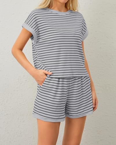 Image of MISSACTIVER 2 Piece Lounge Set Women Stripe Knit Short Sleeve Tee Shirts Shorts Casual Summer Loungewear Shorts Sets