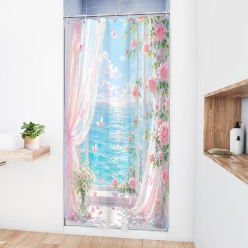 Image of Riyidecor Pink Ocean Roses Shower Curtain 36Wx72H Inch Small Stall Beachy Coastal Floral Flower Pretty Butterfly Hawaii Summer Scenery Beachside Bathroom Decor Fabric Polyester Waterproof 7 Pack Hooks