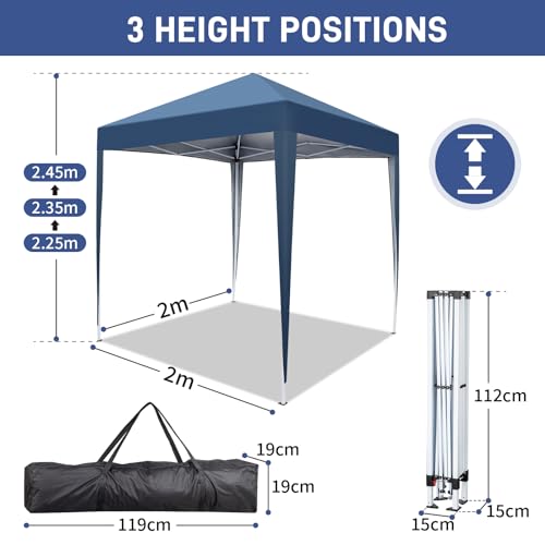 Outopee 2m x 2m Pop Up Canopy Tent, Outdoor Gazebo Folding Canopy with Carry Bag for Commercial Events, Party, Backyard BBQ, Camping, Blue - Image 3