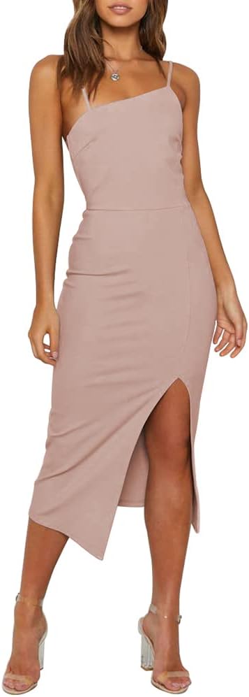 Owin Women's Adjustable Spaghetti Straps Sleeveless High Waist Split Midi Bodycon Cocktail Party Dress