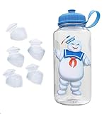 Ghostbusters Official Stay Puft Water Bottle - 32-Ounce Clear Container with Blue Lid and Ice Cube Molds - Features Giant Marshmallow Man and Film Logo - Licensed Franchise Merchandise