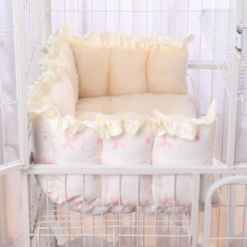 DancJulieペット マット ケージ用 紐付き ボア あったか 柔らかい かわいい レース装飾 ペットベッド 落ちない 洗える モフモフ ふわふわ クッション キャットタワー ソファ 四隅紐付き 多機能 犬 猫 小動物 敷く (S 約50×35cmの猫