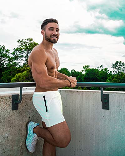 Jed North Men's 4" Inseam Bodybuilding Gym Shorts with Zipper Pockets Powerlifting Gym Shorts,White,X-Large