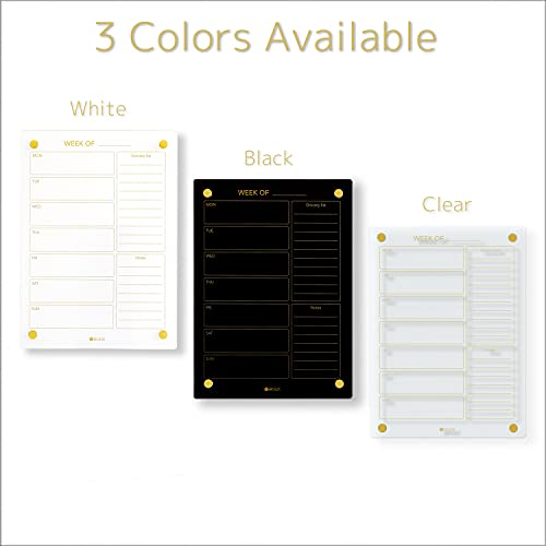 Black Glass Golden Weekly Dry Erase Calendar & Menu Whiteboard For Wall, Meal Planning & Grocery Shopping List White Board For Kitchen & Home, 15X11", 4 Wet Erase Markers Included, Yeoux #TOP6