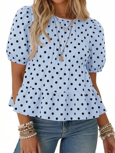 Image of Tankaneo Womens Puff Sleeve Peplum Babydoll Tops Summer Flowy Pleated Cotton T-Shirts Casual Loose Fit Cute Blouse