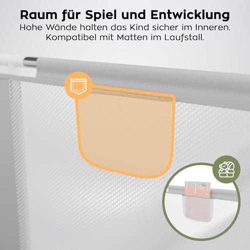 Tulano Cozy 20 Laufstall Baby 130x130 cm mit Boden – Spielgitter für Babys 6 bis 36 Monate – Tragbar Innen Außen – Faltbar – Netzwände – Metallrahmen – Kinderschutz – Reisegitter – Laufgitter – Grau