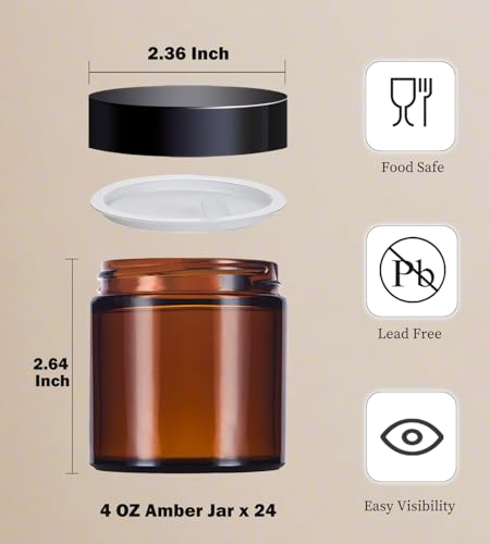 4 oz Amber Glass Jars with Lids,24 Pack 4oz Small Glass Jars with Lids & Inner Liners,4 Ounce Lotion Jar for Cosmetics Container,Cream Lotion,Body Scrub2