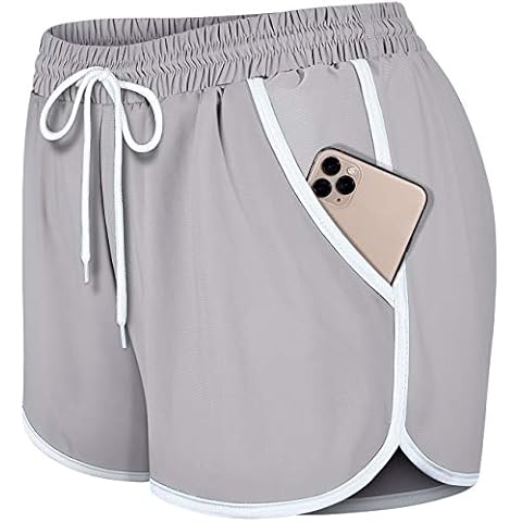 Fulbelle Womens Double Layer Drawstring Elastic Waist Athletic Shorts with Pockets - Grey - XXL Cover