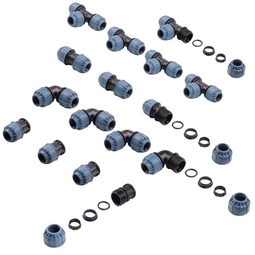 Verdone PE-Rohr Verbinder Set XL für 25mm Rohre - 5x T-Stück 4x Winkel 90 3x Gerade Verbinder 4x Stopfen - Schraubverbinder für Bewässerungssysteme Gartenanlagen - PN10