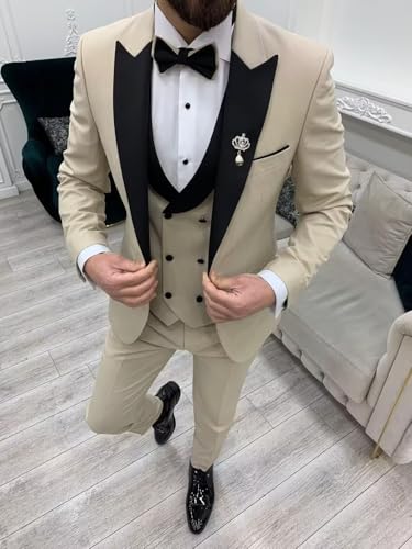 Wangyue Double Breasted Mens Tuxedo Suit Set 3 Piece Wedding Tuxedos for Men Slim Fit Prom Suits Groom Tux with Bow Tie2