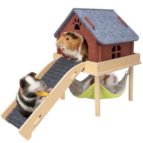 BESNEW 3 in 1 Enlarged Guinea Pig Hammock,Wooden Guinea Pig Hideout with House & Platform & Stairs Small Animal Toys for Hiding Sleeping Activities
