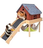 BESNEW 3 in 1 Enlarged Guinea Pig Hammock,Wooden Guinea Pig Hideout with House &amp; Platform &amp; Stair...