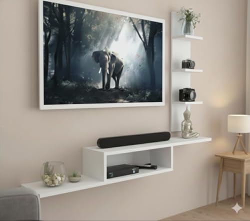Image of Dual L Inverted Base Floating TV Cabinet | Best for Smart TVs up to 40 Inches | Engineered Wood | Space Saving Eco Design | Russian White