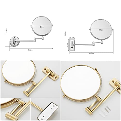 Espejo de maquillaje montado en la pared, espejo de aumento 3X de doble cara, altura ajustable, extensible de 8 pulgadas para tocador de baño, base redonda dorada