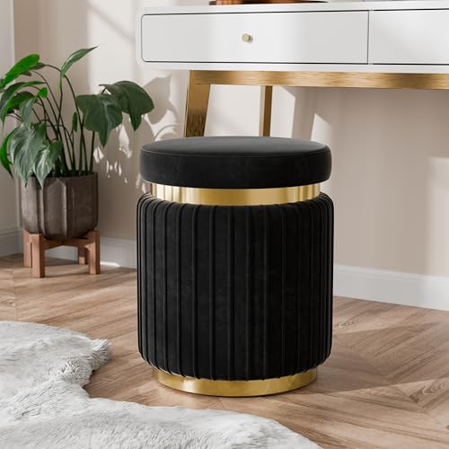 Furniture of America Magnus Modern 15-inch Upholstered Round Ottoman with Gold Trim and Stainless Steel Base, Vanity Stool Chair, Small Foot Stool for Bedroom, Living Room, Entryway, Black