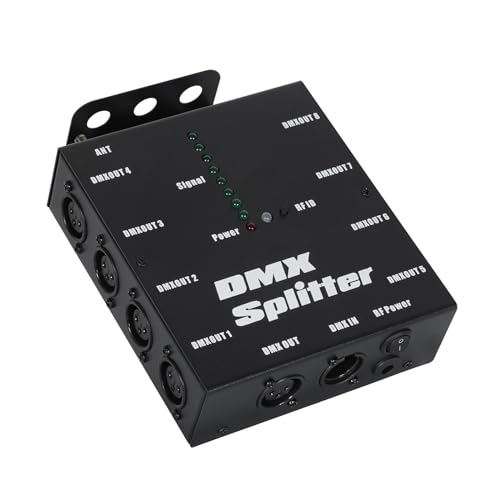 XLR DMX Splitter，8-Channel Wireless DMX 512 Signal Amplifier,3-Pin Output DMX Transmitter Receiver for Disco Party LED Stage Lighting Christmas and Halloween