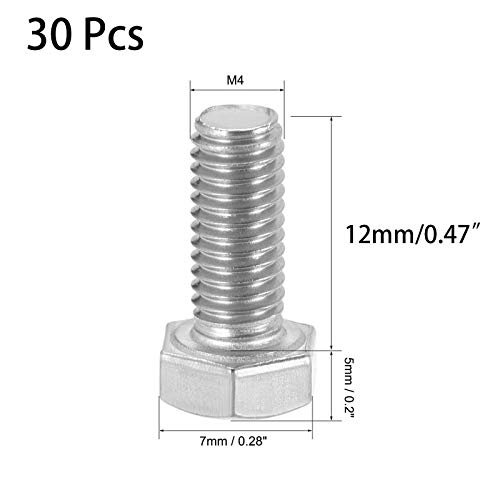 Image of 30 Pcs M4 Hex Bolt M4-0.7 x 12mm UNC Hex Head Screw Bolts A2-70(304) Stainless Steel Fully Threaded Hex Tap Bolts,Plain Finish,Fully Threaded (M4 x 12mm)