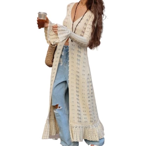 Women's Cardigans Dresses 2024 Fall Boho Maxi Hollow Out Designs Front Knitted Cover Ups Fashion Flowy Maxi Dress