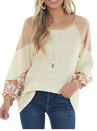 Allimy Womens Shirts Colorblock Puff Long Sleeve T Shirts Loose Tunic Tops Plus Size Cream Large