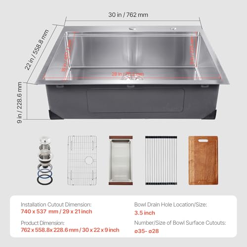 VEVOR 30 inch Kitchen Sink Workstation, 304 Stainless Steel Top Mount Sinks, Drop-in Single Bowl Farmhouse Basin with Ledge & Multiple Accessories, Household Dishwasher Sink for RV, Prep Kitchen, Bar by VEVOR - Image 7