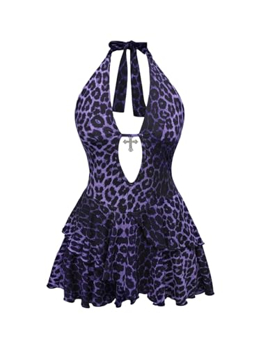 Image of SOLY HUX Women's Plus Size Leopard Print Halter Dress Y2k Gothic Deep V Cheetah Tie Backless Layered Ruffle Mini Dresses