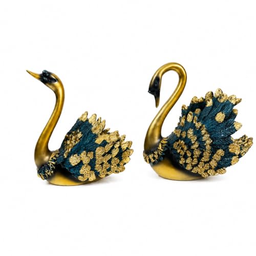 Image of eCraftIndia Set of 2 Golden Swan Showpieces for Home Decor | Decorative Swan Pair Figurines with Blue & Gold Feather Design | Modern Tabletop Sculpture for Living Room, Office & Gifting
