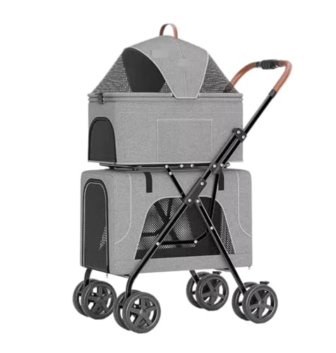 TOTIKI Carrito Mascotas Cochecito para Perros 4 En 1, Doble para Mascotas, Plegable para Gatos con Transportador Desmontable, Bolsillo De Almacenamiento para 2 Y Accesorios(Grey)