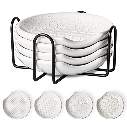 LE TAUCI Ceramic Spoon Rests for Stove Top with Holder, Set of 4 Farmhouse Spoon Holder for Kitchen Counter, 4.8 Inch Heat Resistant Utensil Rest for Cooking & Coffee Bar, Embossed, White by LE TAUCI - Used condition - US$22.99