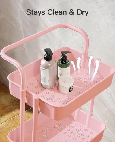Image of Pipishell 3 Tier Rolling Cart with Wheels - Craft Storage Cart with 3 Hanging Cups & 4 Hooks - Mobile Art Carts Organizer for Office, Kitchen, Craft Room, Bedroom, Bathroom, Laundry Room (Pink)