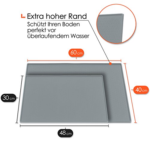 PetCareson Napfunterlage Hund, Katzen inkl. Überwurfdecke I Hochwertige wasserdichte u. rutschfeste Unterlage für Katzennapf und Hundenapf I Fressnapf-Matte, Silikon m. Rand I Grau I 48x30cm